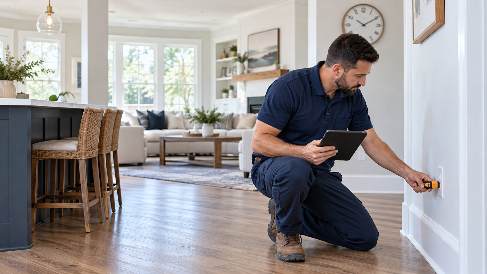 Professional home inspector testing an electrical outlet inside a modern Smyrna, Georgia home.