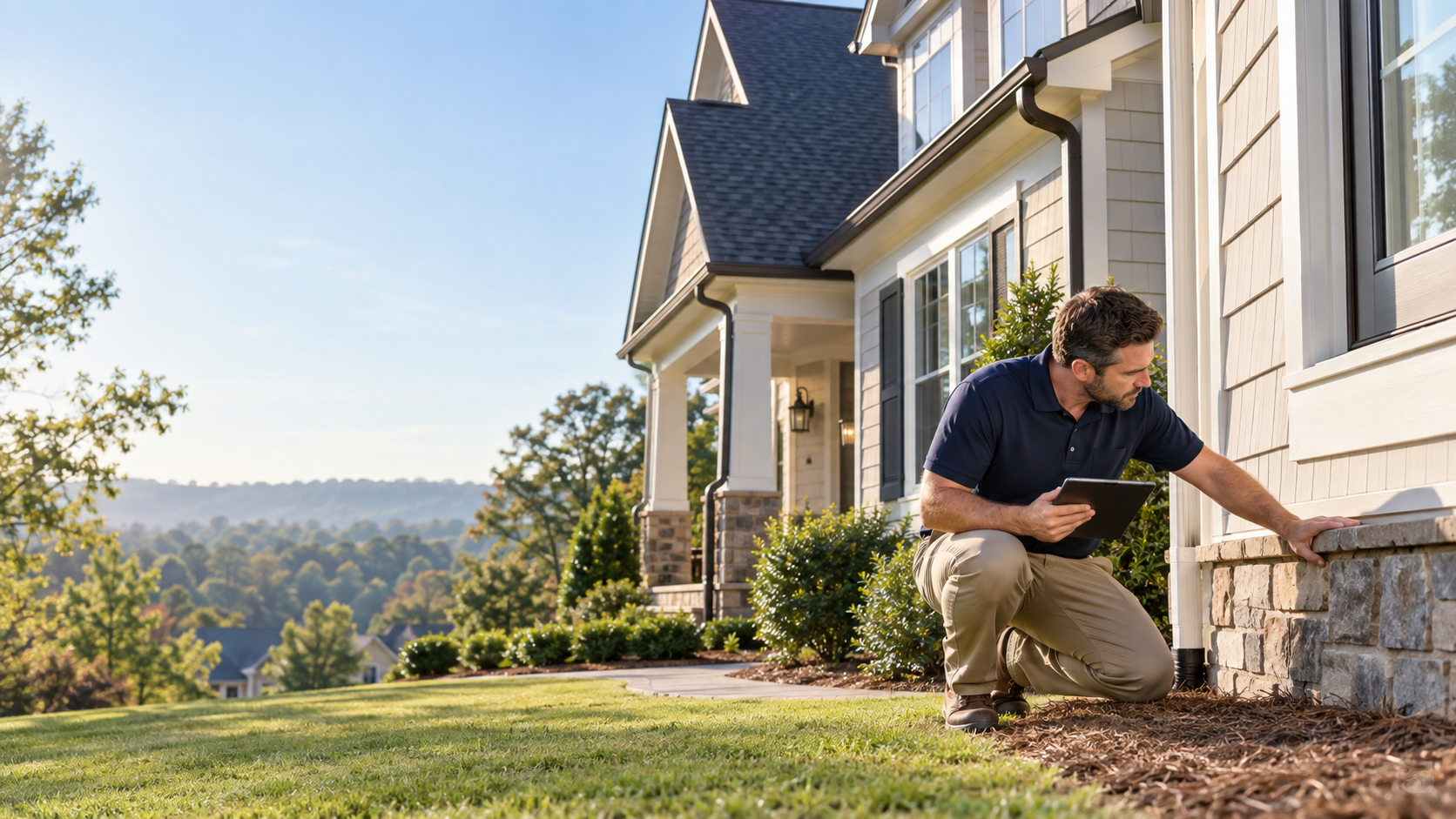 Home inspector examining the exterior of a house in the Smyrna, Georgia area.