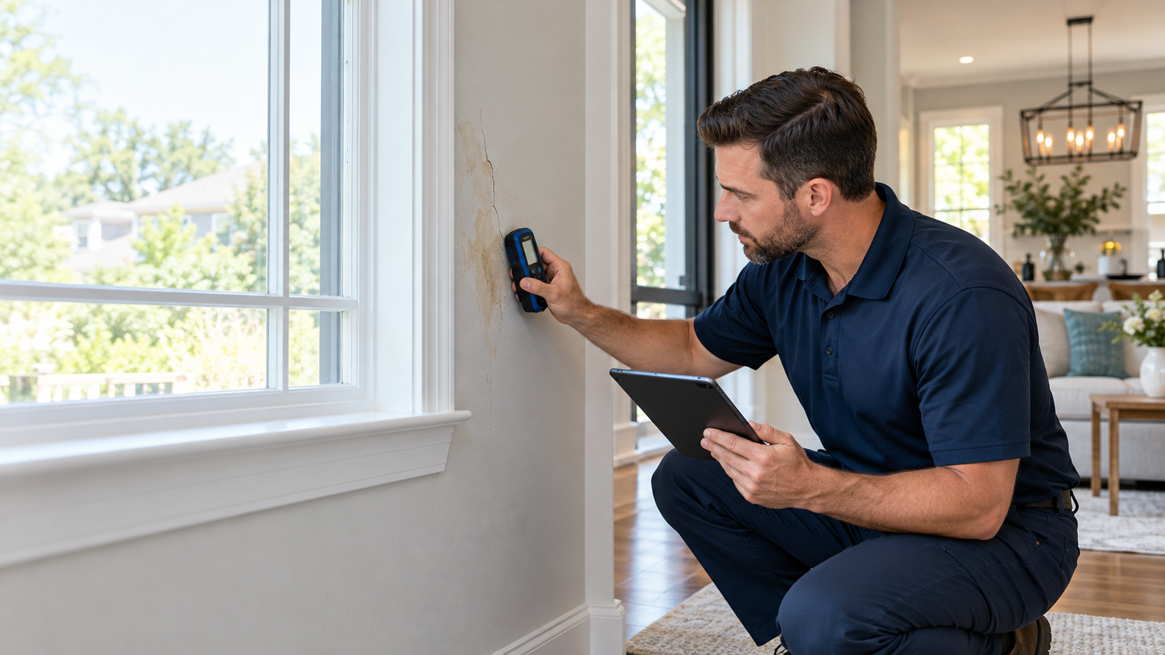 Professional home inspector checking a wall for moisture near a window inside a Smyrna, Georgia home.
