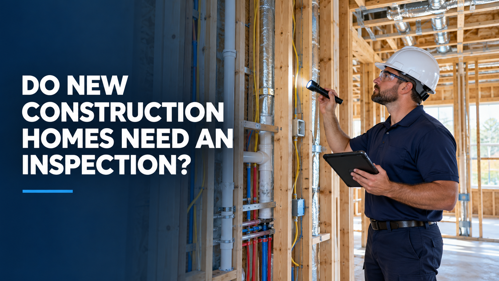 Home inspector examining exposed framing and plumbing inside a new construction home before drywall installation.
